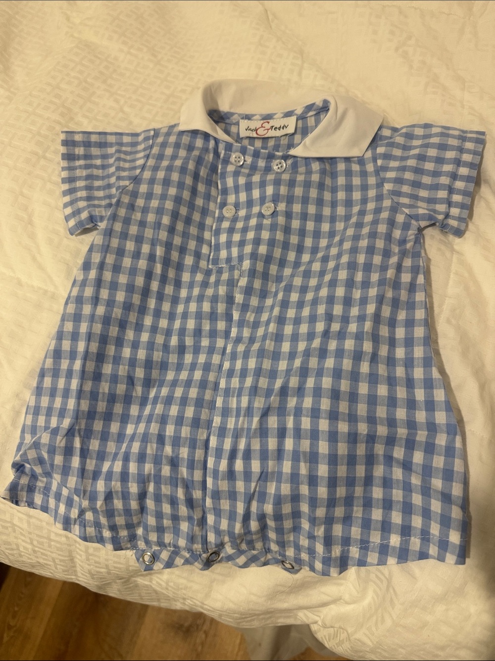 Blue Gingham One-Piece Bodysuit with White Collar